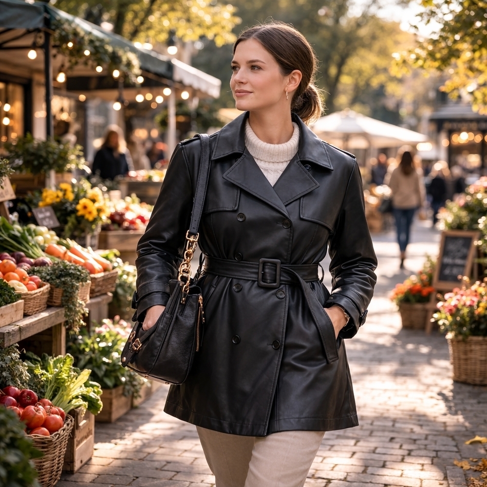 Badgley Mischka Faux Leather Trench Jacket 2X/3X Black Belted Designer Coat Luxe